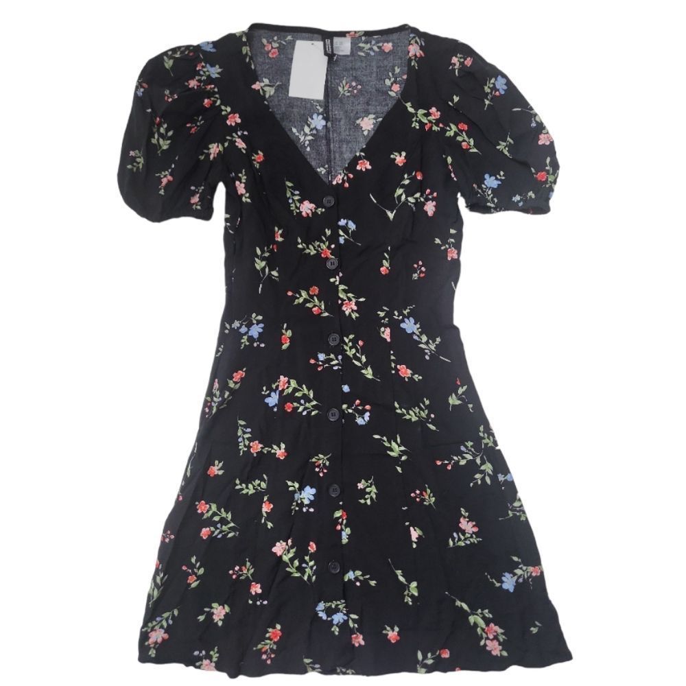 H&M DIVIDED Black Floral Button Mini‎ Dress Size 3XS
